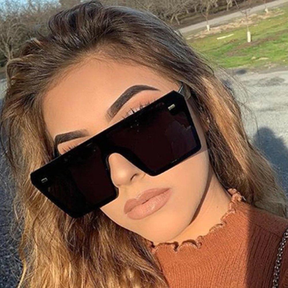 Shiny Black Square Oversized Sunglasses Rectangular Rimless Mirror Sunglasses - Picture 4 of 8